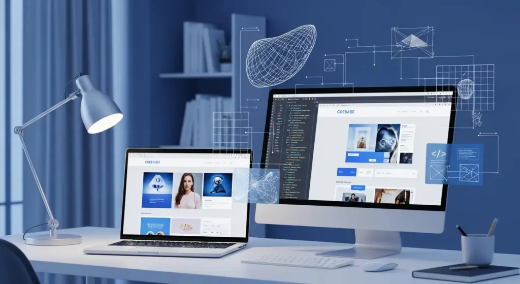 Web Design & Development workspace showing modern UI design and coding setup